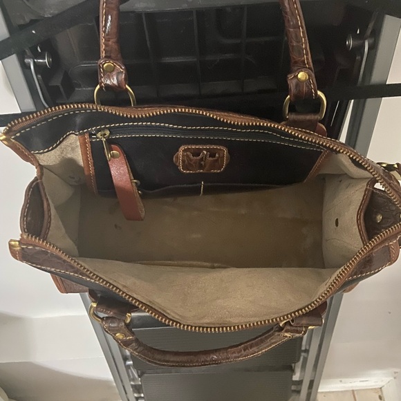 Vintage Brahmin Tuscan Black Brown Croc Embossed Top Handle Handbag Purse - Picture 4 of 6